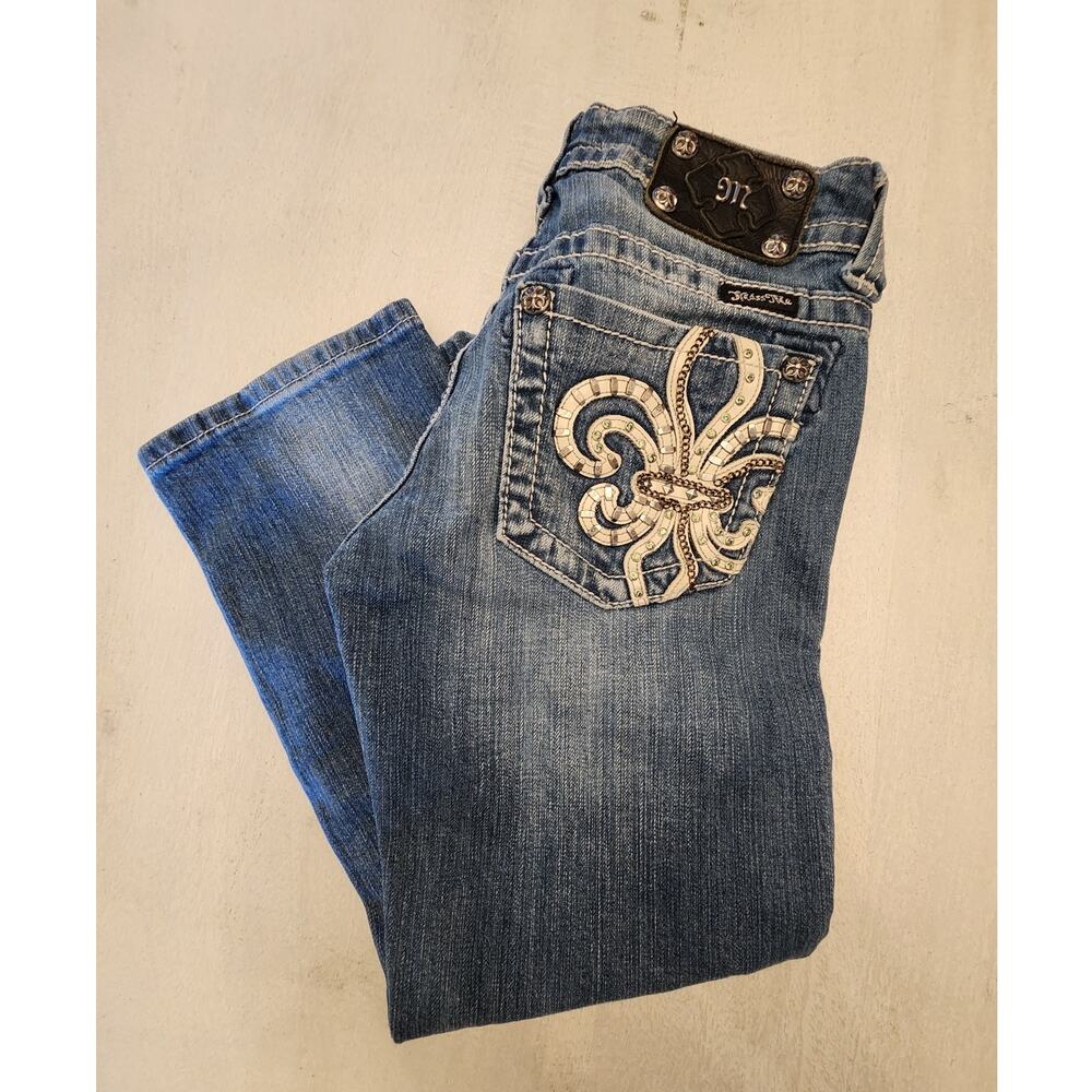 Miss Me Women's Denim Capri Jeans SZ 27 Studs Leather Rhinestones